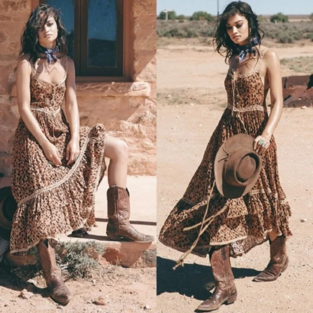 New Boho Saphari Leopard Maxi Sundress Dress - Picture 3 of 12